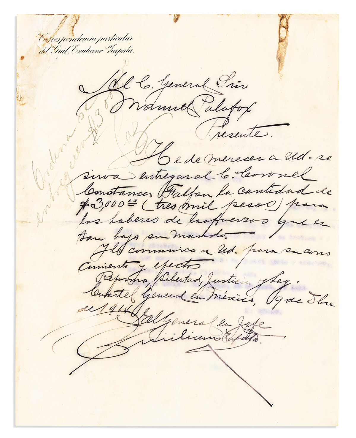 ZAPATA, EMILIANO. Letter Signed, to General Manuel Falafox, in Spanish,